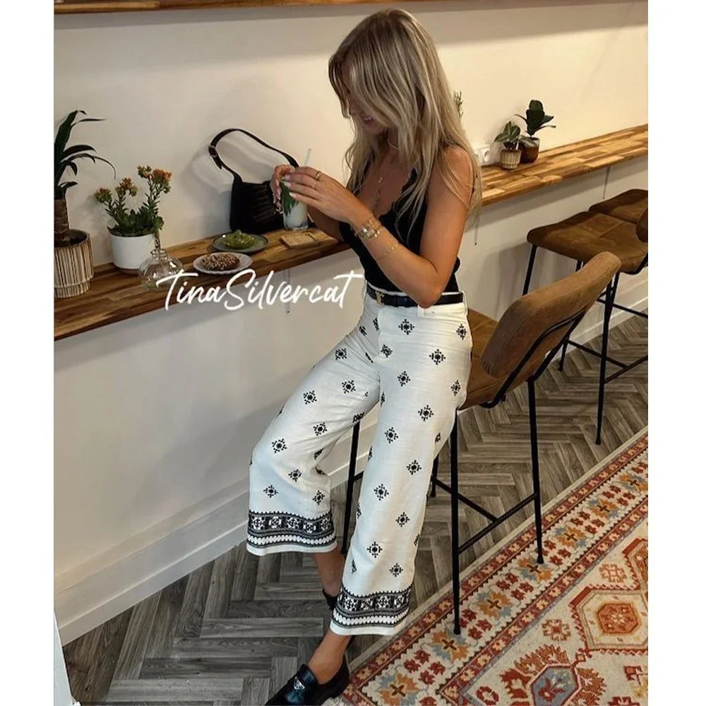 Zara Linen Blend Printed Pants White Black Sz XL NWT - Picture 6 of 16